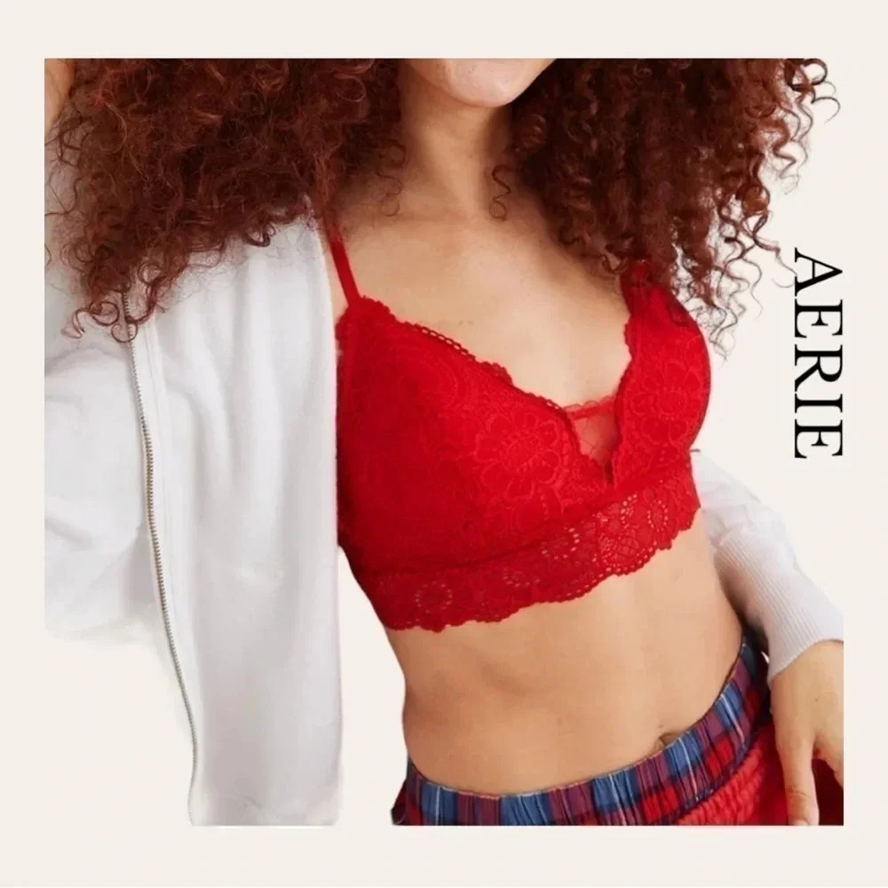 0608W. Aerie Women's Red Lace Racerback Bralette Size Large Wireless